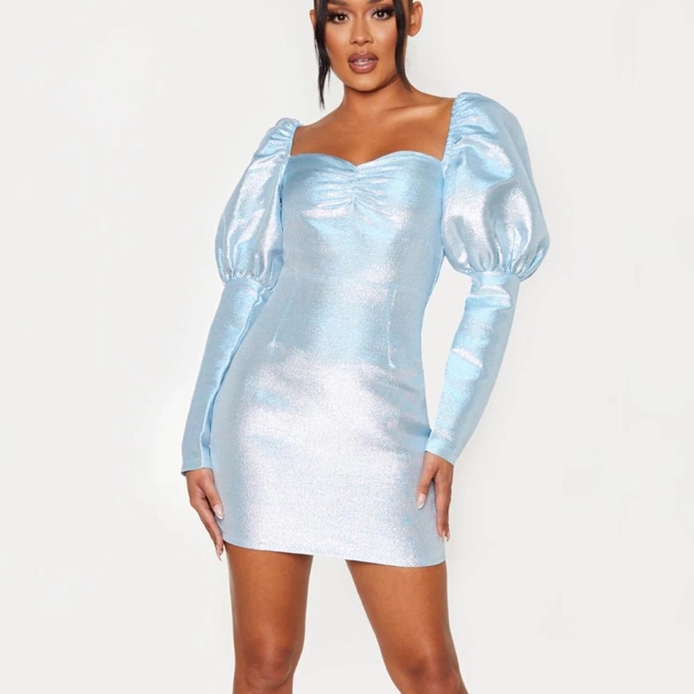 PrettyLittleThing Blue Metallic Puff Sleeve Mini Dress | Y2K Party